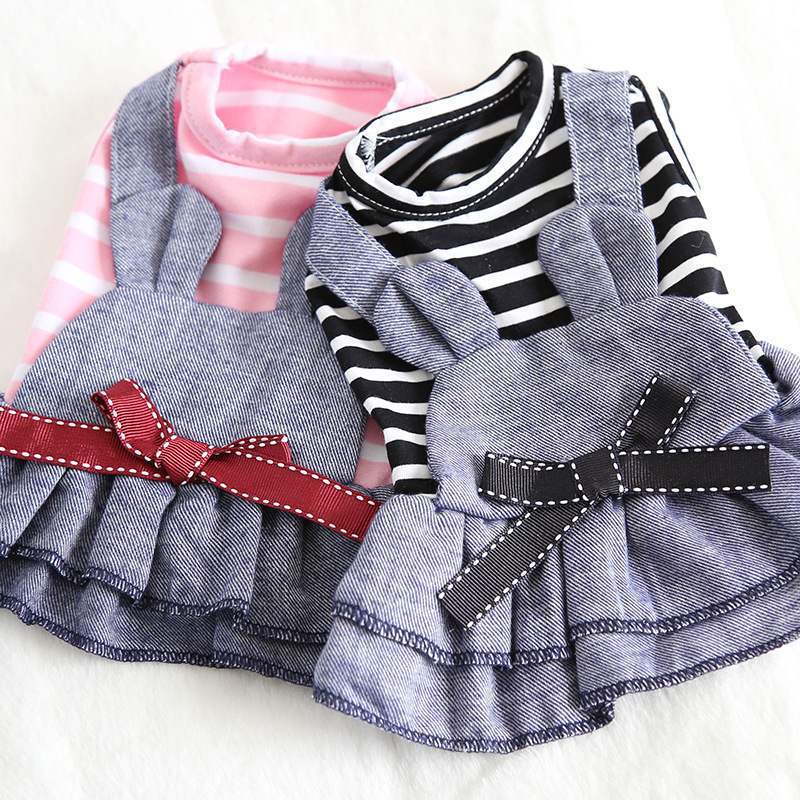 Bear Striped Denim Harness Dog Spring Clothes