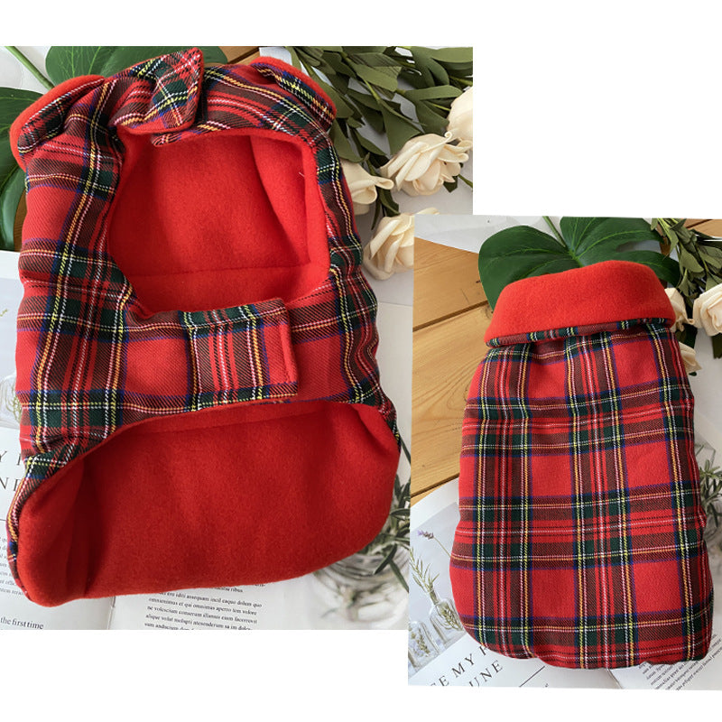 Dog Clothes Thickened Warm Cotton Coat Red Plaid Vest