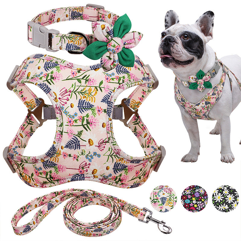 Flower Printed Dog Collar Harness Leash Set Dogs Harness Vest