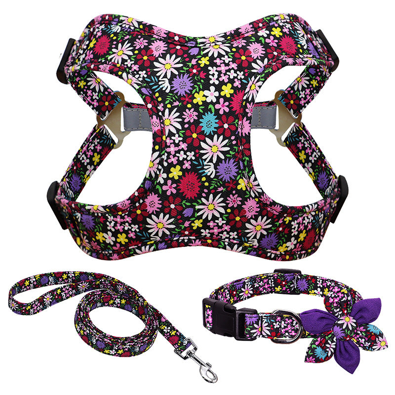 Flower Printed Dog Collar Harness Leash Set Dogs Harness Vest