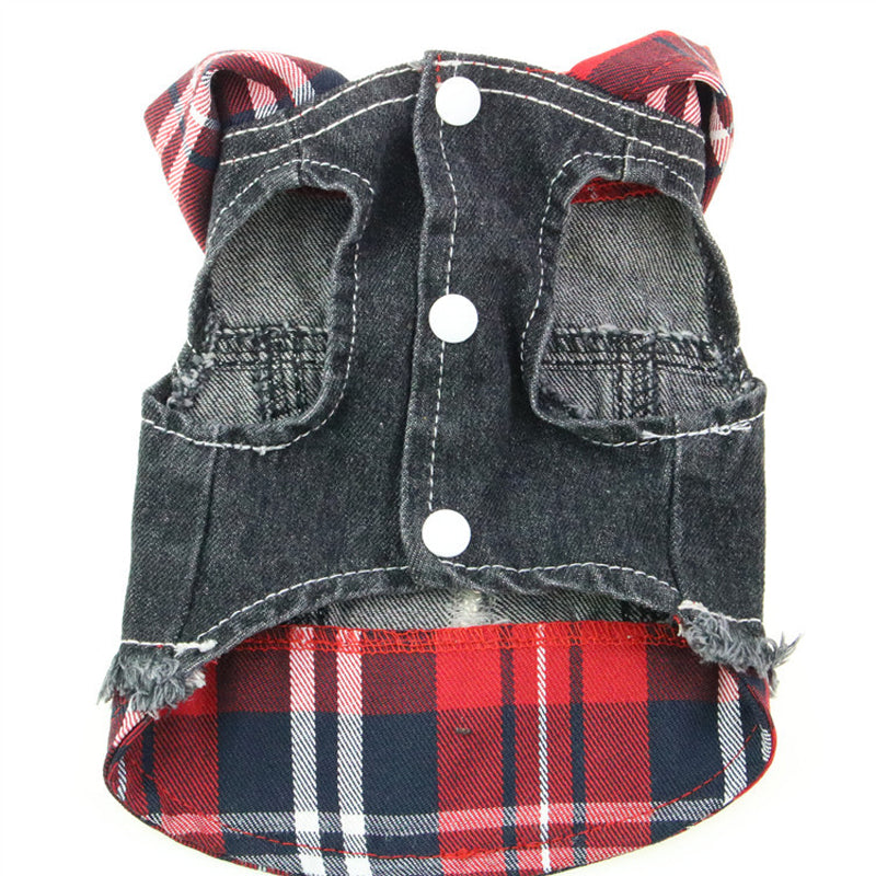 Dog Pet Clothes Bichon Teddy Bulldog Dress Plaid Stitching Denim Vest New