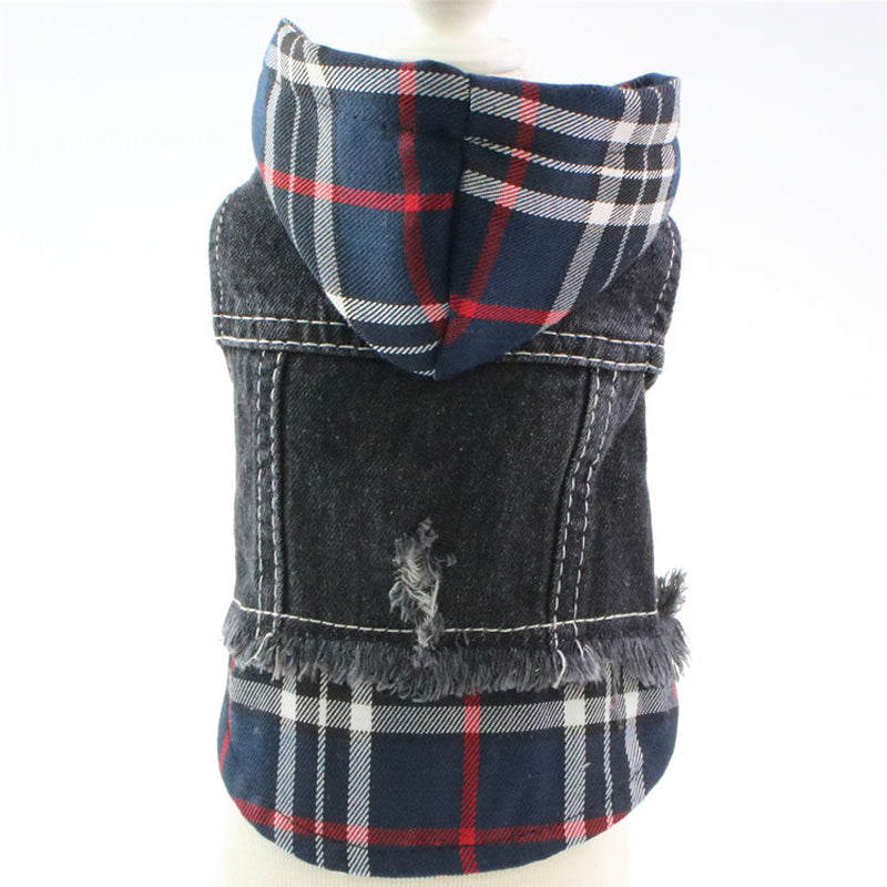 Dog Pet Clothes Bichon Teddy Bulldog Dress Plaid Stitching Denim Vest New