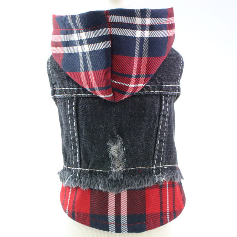 Dog Pet Clothes Bichon Teddy Bulldog Dress Plaid Stitching Denim Vest New