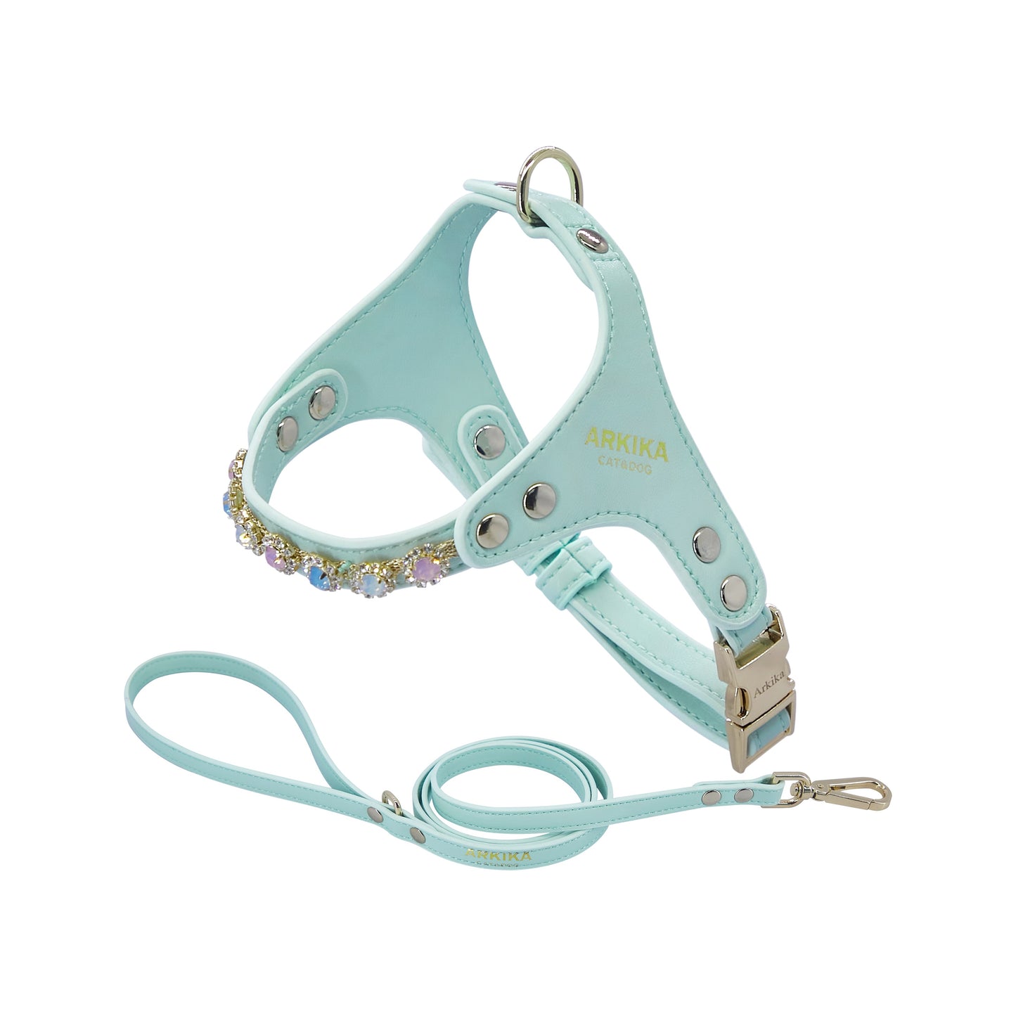 Dog Harness And Leash Rhinestone PU Leather Adjustable