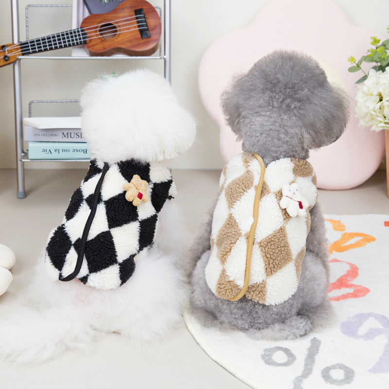 Pet Checkerboard Vest Cat Dog Plush Autumn Winter Jacket