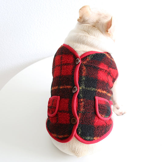 French Red Checkered Vest Japanese Double Layer Fat Dog Clothes